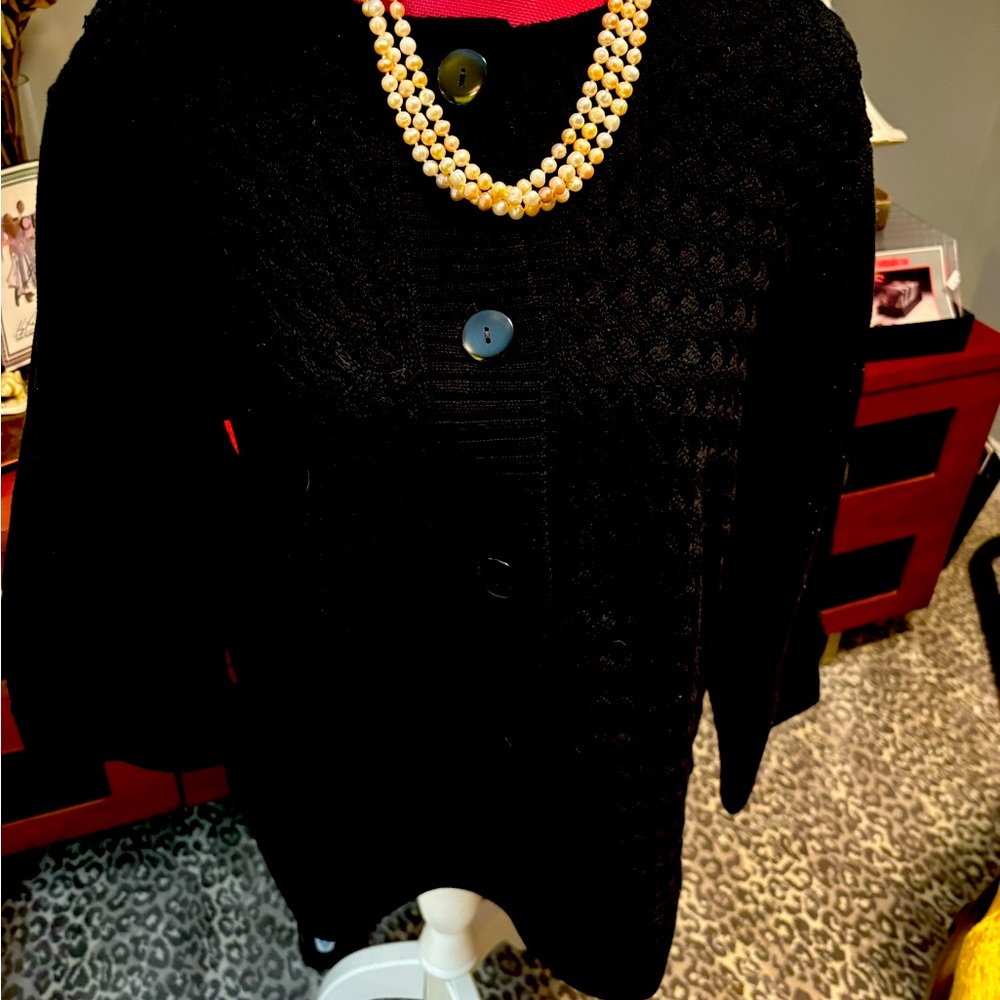 Black knit 100% cotton cardigan sweater with three-quarter sleeves
